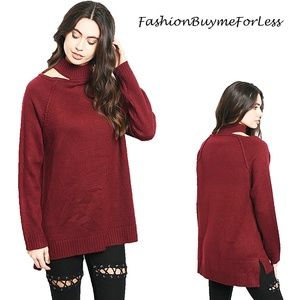 Burgundy Oversized Cut-out Collar Tunic Sweater
